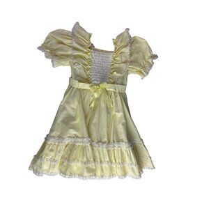 Vintage Kids MiniWorld Yellow Dress Girls Size 6X Ruffled Lace Trim Bow Back Pol